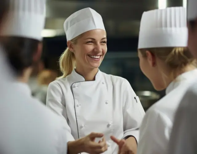Odzież gastronomiczna Uśmiechnięta kobieta w profesjonalnym białym uniformie kucharskim i czapce kucharskiej rozmawia z innymi pracownikami kuchni w tle, co podkreśla atmosferę współpracy i pasji w środowisku gastronomicznym.