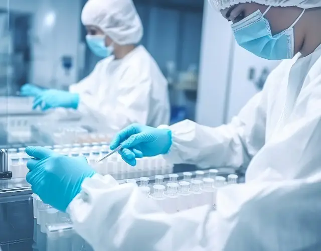 Odzież laboratoryjna Ilustracja przedstawia pracowników laboratorium w białych fartuchach, maskach ochronnych na twarzy i niebieskich rękawiczkach jednorazowych, zajętych pracą z próbkami umieszczonymi w przezroczystych pojemnikach na biurku w sterylnym środowisku laboratorium.