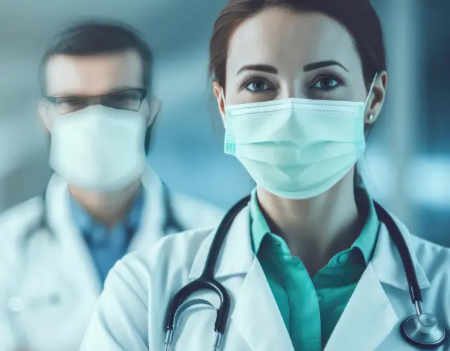 Odzież medyczna Kobieta w białym fartuchu medycznym i zielonej bluzce, z założonym stetoskopem na szyi, ma na twarzy zieloną maskę ochronną. W tle, nieco rozmyty, stoi mężczyzna w białym fartuchu i maski ochronnej, co wskazuje na profesjonalne środowisko medyczne.