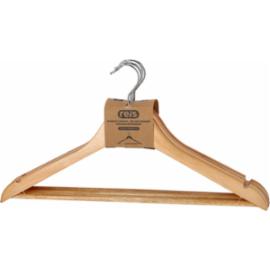 HANGER-WOODM002 - Wieszak drewniany z poprzeczką chromowany uchwyt nacięcia na ramionach szerokość poprzeczki 44,5 cm.