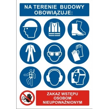 AXBHP002KS-P3 - Budowlana tablica BHP - Na terenie budowy obowiązuje nakaz stosowania środków ochrony indywidualnej, twarda płyta - 700 x 980 mm.