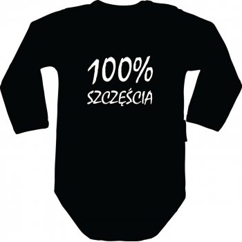 Body dziecięce, 100% szczęścia, czarne, 12m, 100% bawełna, nadruk metodą Flex
