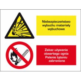 ZZ-1OZ - Znak BHP Niebezpieczeństwo wybuchu materiałów wybuchowych. Zakaz używania otwartego ognia. Palenie tytoniu zabronione - 220x300