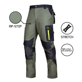 ULTRATECH Z SP - SPODNIE DO PASA zielone elastyczna tkanina typu stretch splot RIP-STOP 7 kieszeni nakolannikowe 98% bawełna 2 % spandex 240 g/m² - 48-60