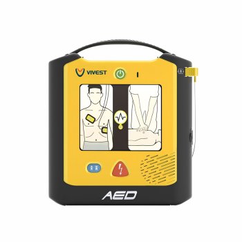 Defibrylator treningowy Vivest PowerBeat X1 - półautomatyczny AED posiada 6 scenariuszy 20 języków tryb pediatryczny uniwersalne elektrody dorośli i dzieci bardzo lekki