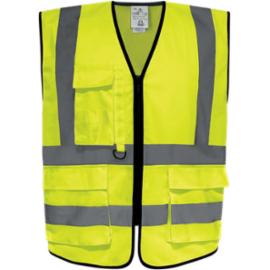 Wielokieszeniowa kamizelka HV odblaskowa ostrzegawcza robocza widoczna ANSI/ISEA 107 siatka 4 kieszenie zamek błyskawiczny męska damska żółty fluo GILPOCK - L-2XL