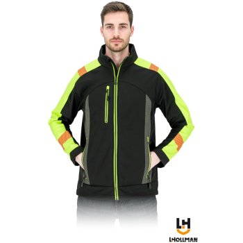 Kurtka męska ochronna stójka polar zamek SOFTSHELL chroni przed deszczem wiatrem oddychająca rip-stop segmentowe pasy pomarańczowe czarno żółty REGULAR LH-SHERO-J - M-3XL