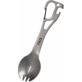 TG-SRV-TC-R - Sztućce turystyczne stal nierdzewa 5w1: łyżka widelec otwieracz do butelek,otwieracz do puszek karabińczyk