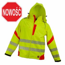 Kurtka robocza softshell męska zimowa taśma odblaskowa żółta fluorescencyjna odpinany kaptur monter instalator drogowiec budowa magazyn widlak kierowca URG-HV-8723_SOFTSHELL YELLOW - M-3XL