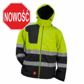 Męska zimowa krótka kurtka chroni przed mrozem i wiatrem odpinany kaptur pasy odblaskowe poliester serwisant monter kierowca czarno seledynowy URG-978_KURTKA KRÓTKA - M-5XL