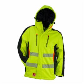 URG-980_SOFTSHELL YELLOW - Kurtka softshellowa męska odpinany kaptur 5 kieszeni z zamkami błyskawicznymi 100% poliester laminowany TPU 310 g/m² wodoodporny 3000MM + taśmy odblaskowe - M-3XL