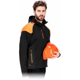 Męska kurtka ochronna stójka kaptur elementy odblaskowe softshell trójwarstwowa tkanina poliester elastan czarno-pomarańczowy membrana TPU polar WIND M-3XL 